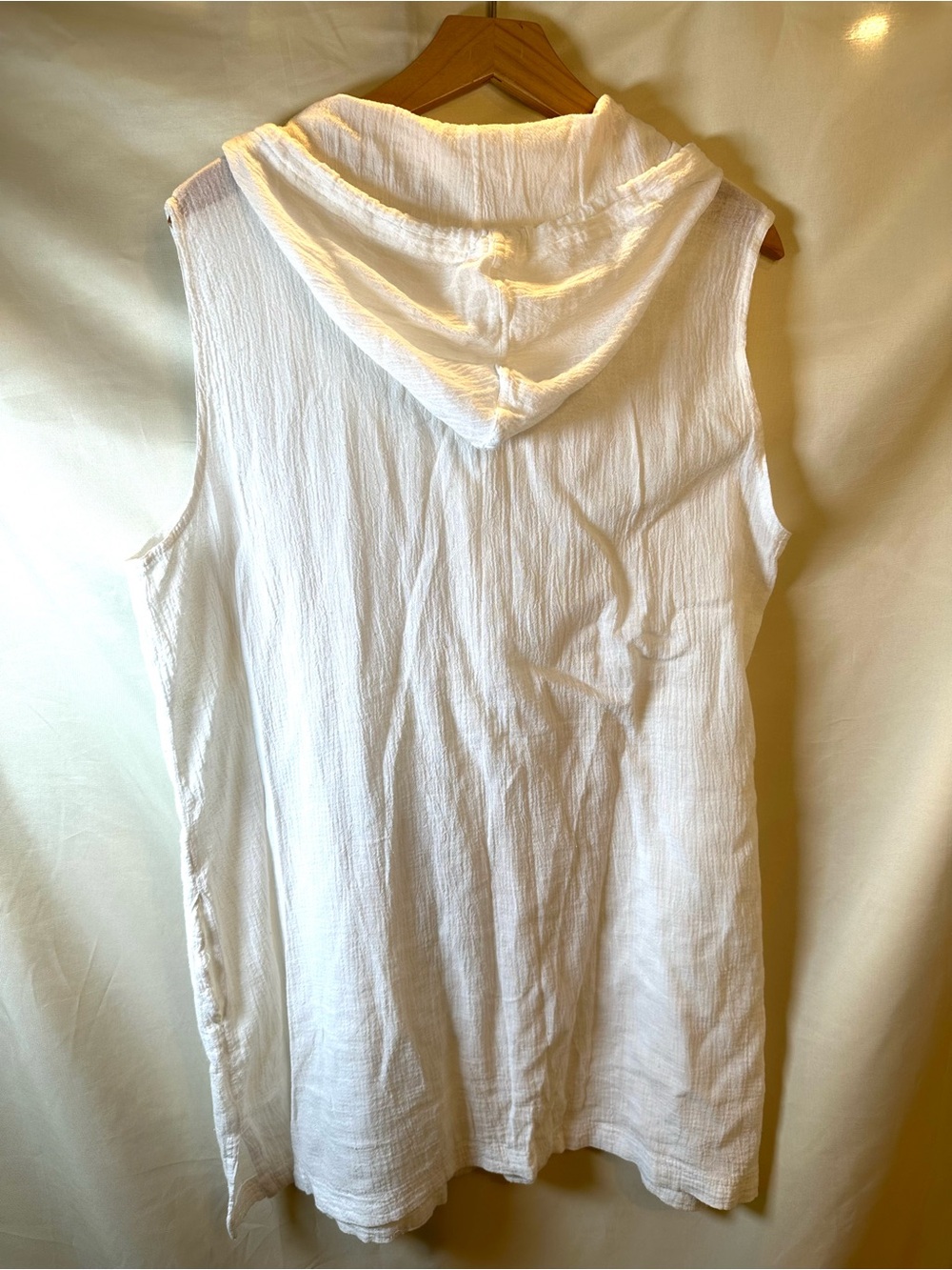 Beach cover-up 100% cotton Sleeveless White Hooded Gauze Tunic pockets coastal - Picture 2 of 3
